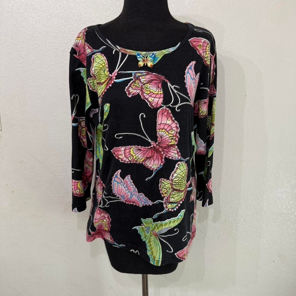 Multi-coloured butterfly print long sleeve top with 3/4 sleeves